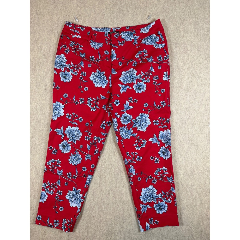 P85. Roz & Ali Red Floral Ankle Pants Womens 14W Botanical Tapered Pant